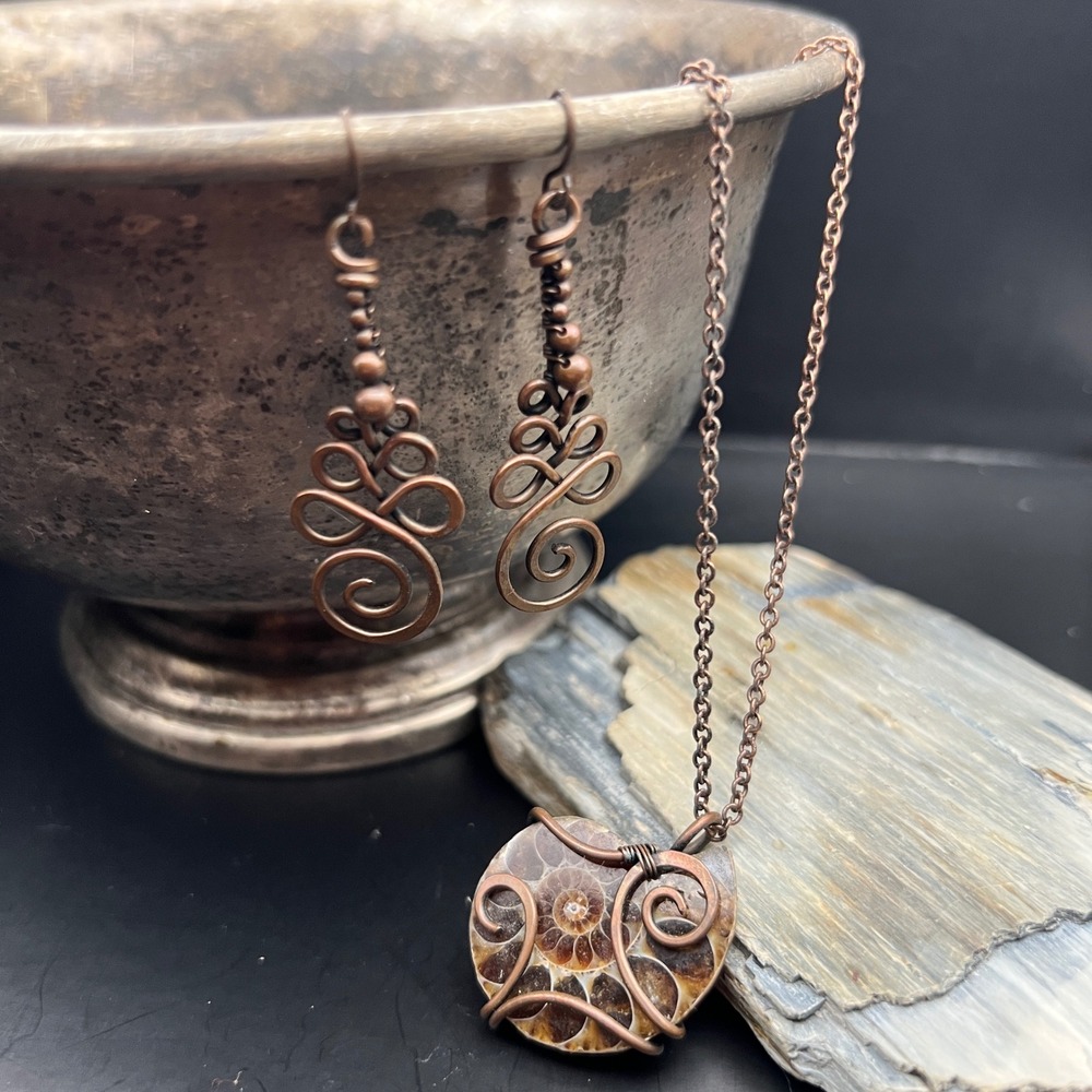 Ammonite Fossil Copper Wire Wrapped Jewelry Set Necklace and Earrings Artisan